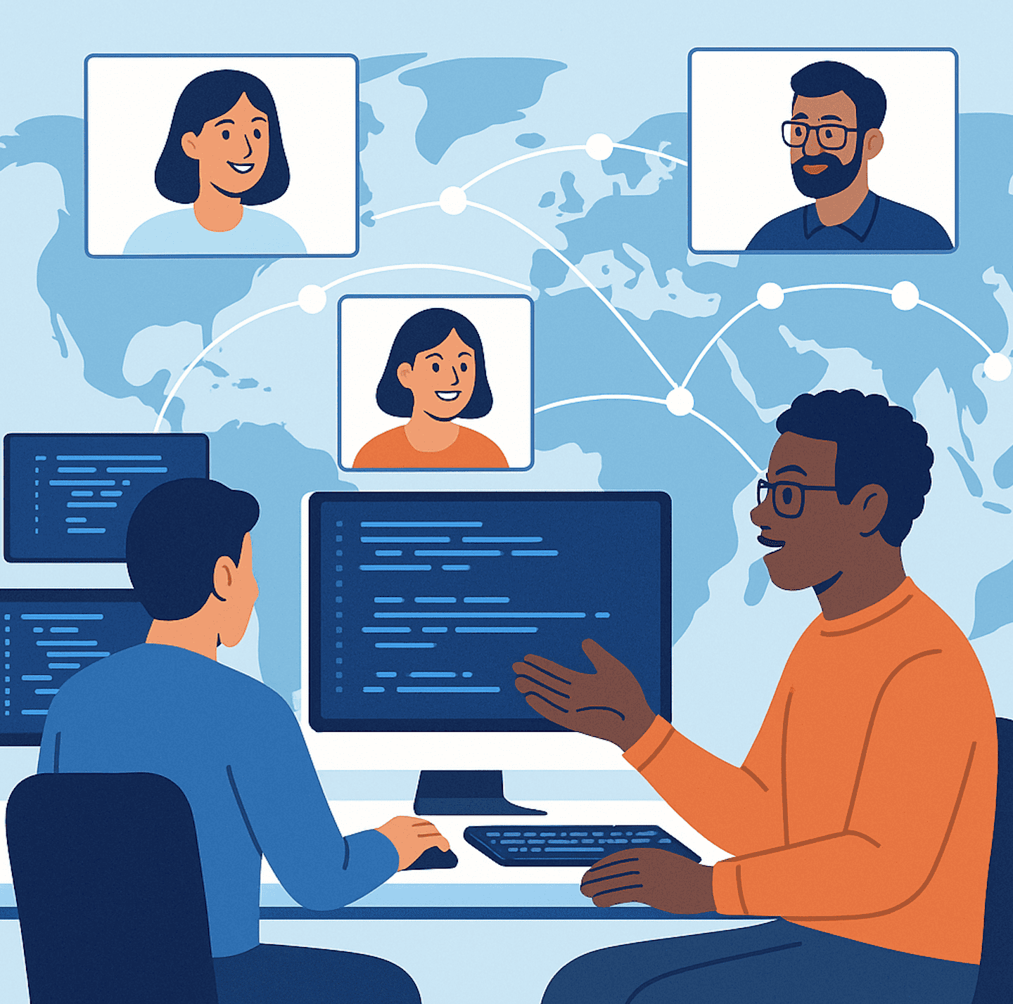 Flat illustration comparing staff augmentation and outsourcing teams in software development, showing direct collaboration versus vendor-managed teams.