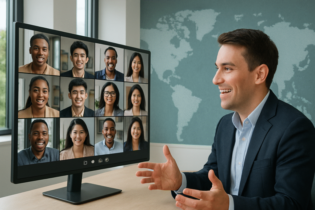 Executive leading a video call with a diverse offshore team, highlighting remote collaboration and global talent solutions.