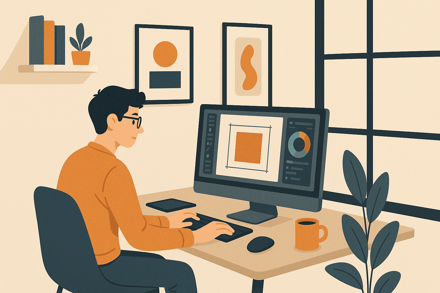 Minimalist illustration of an offshore designer working remotely in a stylish home office with computer, plants, and framed artwork.