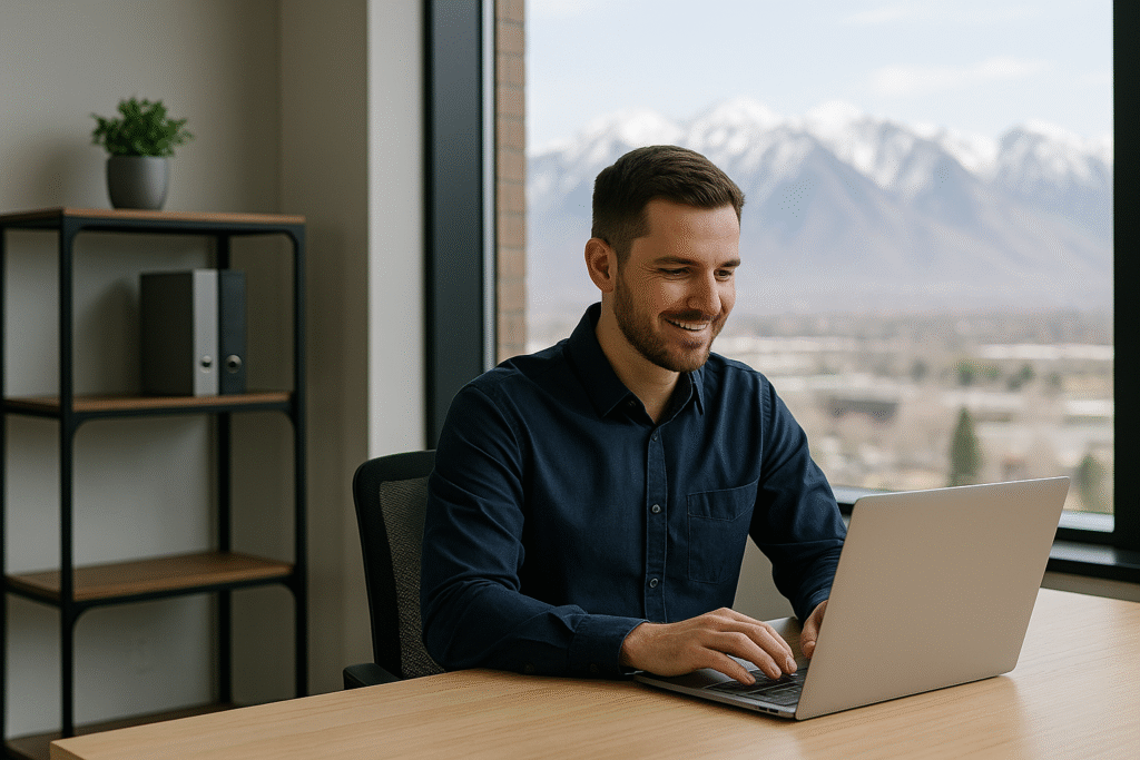 Utah tech talent professional working on a laptop in a modern Utah office A Utah tech talent professional working remotely in a modern office with the Wasatch Mountains in the background.