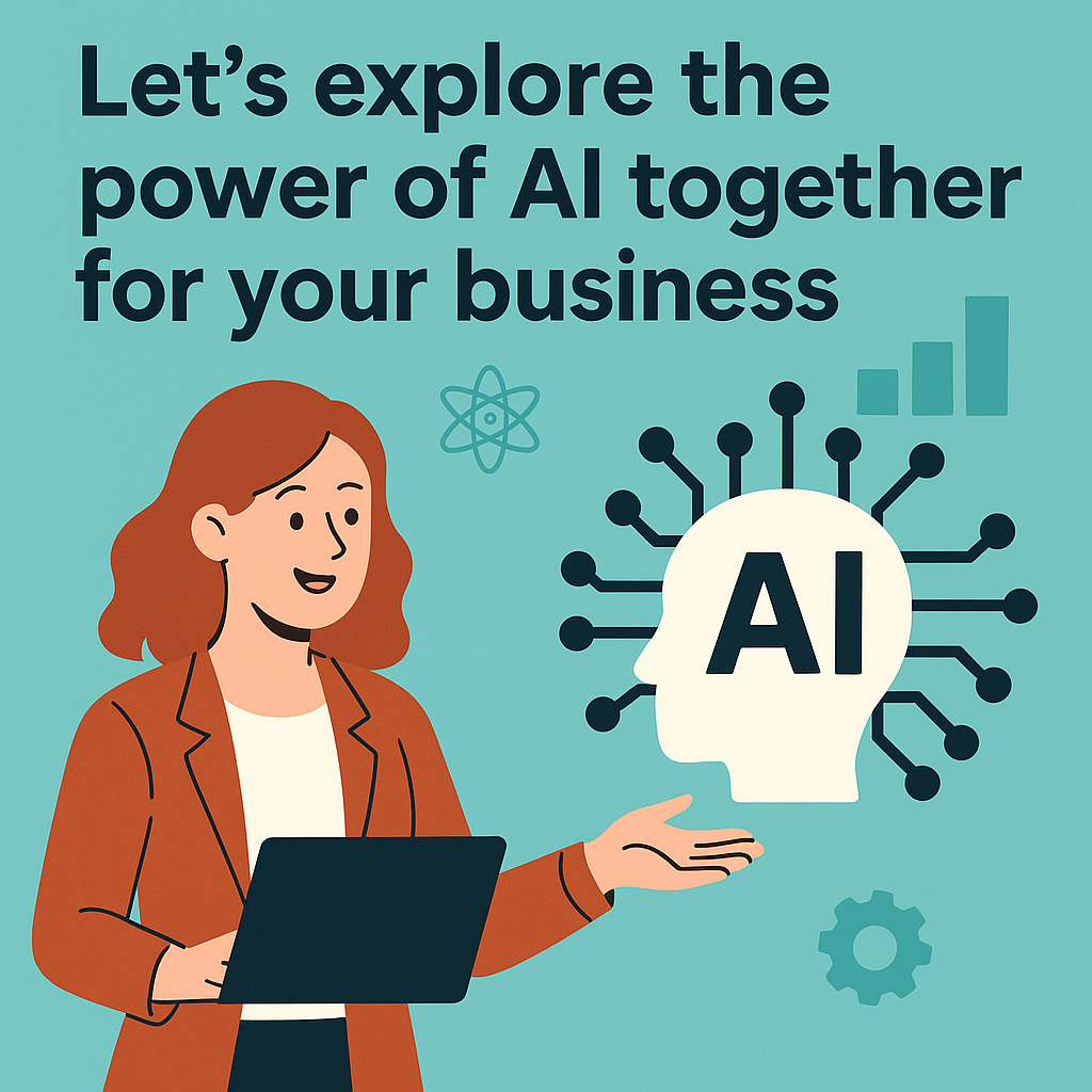 Illustration of a business professional holding a laptop while presenting an AI concept, with icons representing technology and data, alongside the text “Let’s explore the power of AI together for your business.
