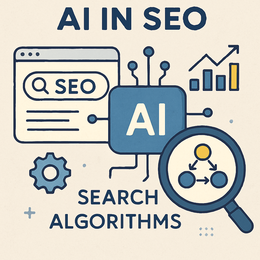 Illustration showing AI integrated into SEO search algorithms, with icons representing analytics, browser windows, and a magnifying glass.