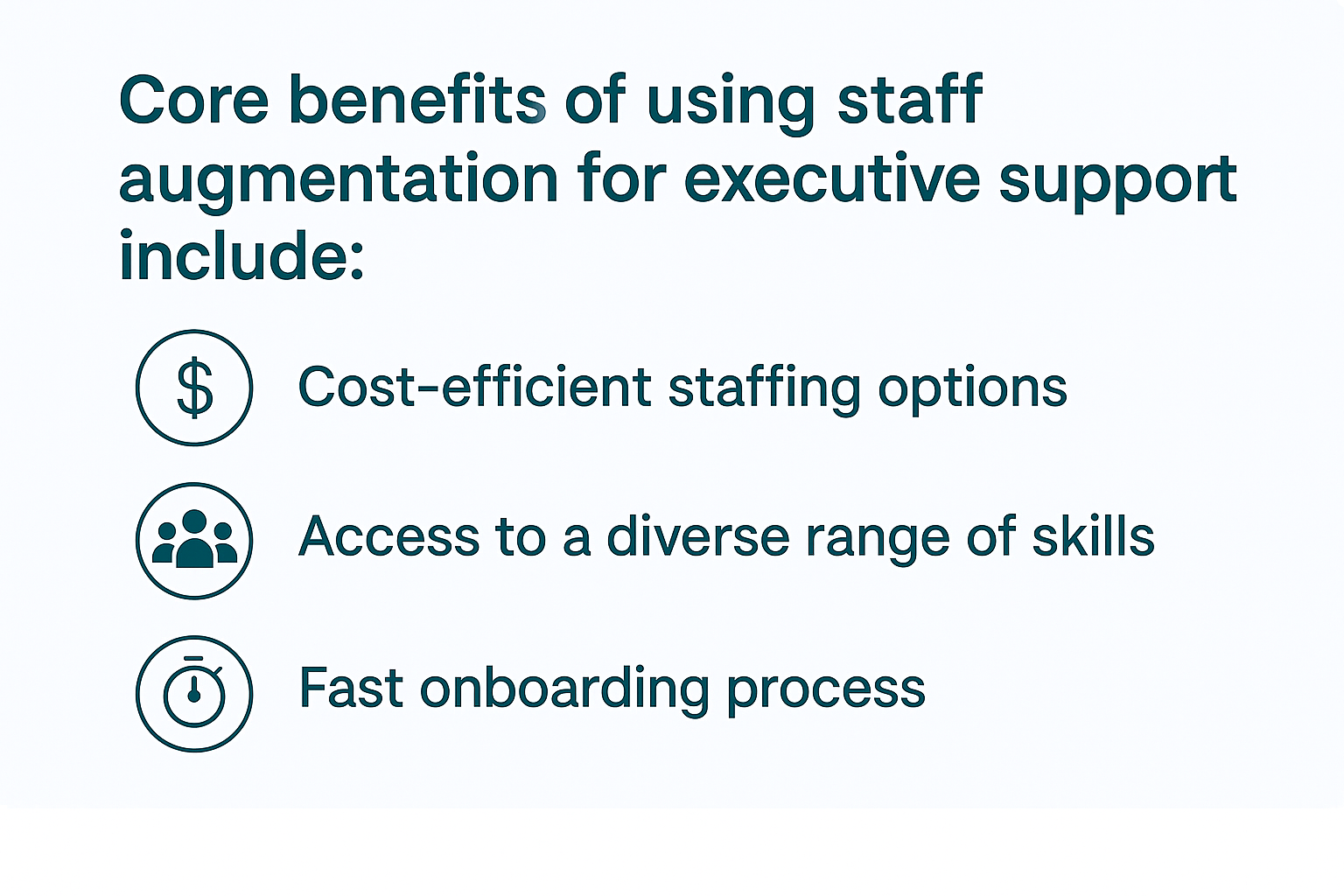 Infographic listing three core benefits of using staff augmentation for executive support: cost-efficient staffing options, access to diverse skills, and fast onboarding, each accompanied by minimalist icons.