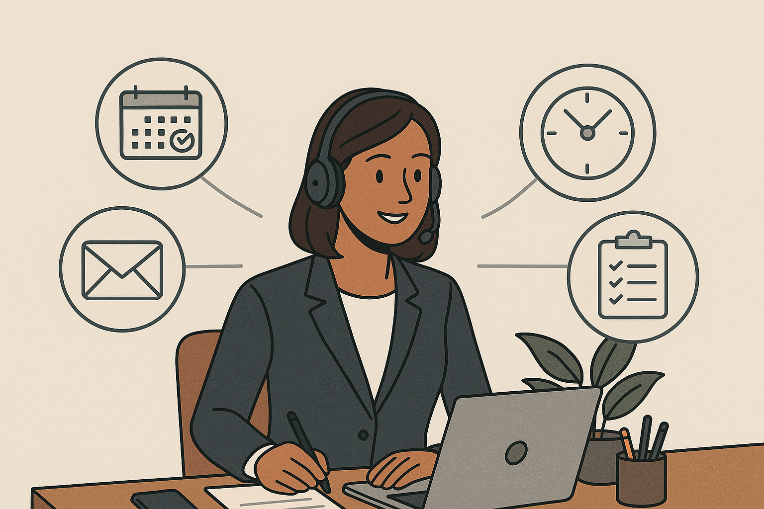 A professional executive assistant is wearing a headset. They are working on a laptop at a desk. Around them are icons for scheduling, email management, time management, and task organization.