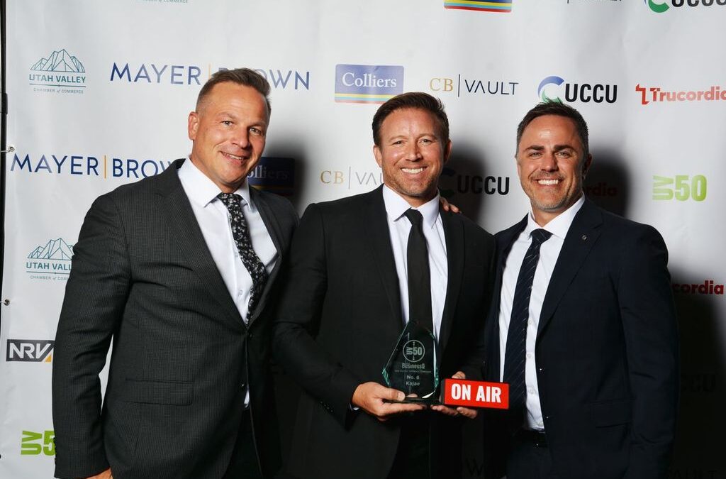 Kajae team celebrating being recognized as one of Utah Valley’s fastest-growing companies in the 2025 UV50 Awards, ranking #6 for growth and innovation.