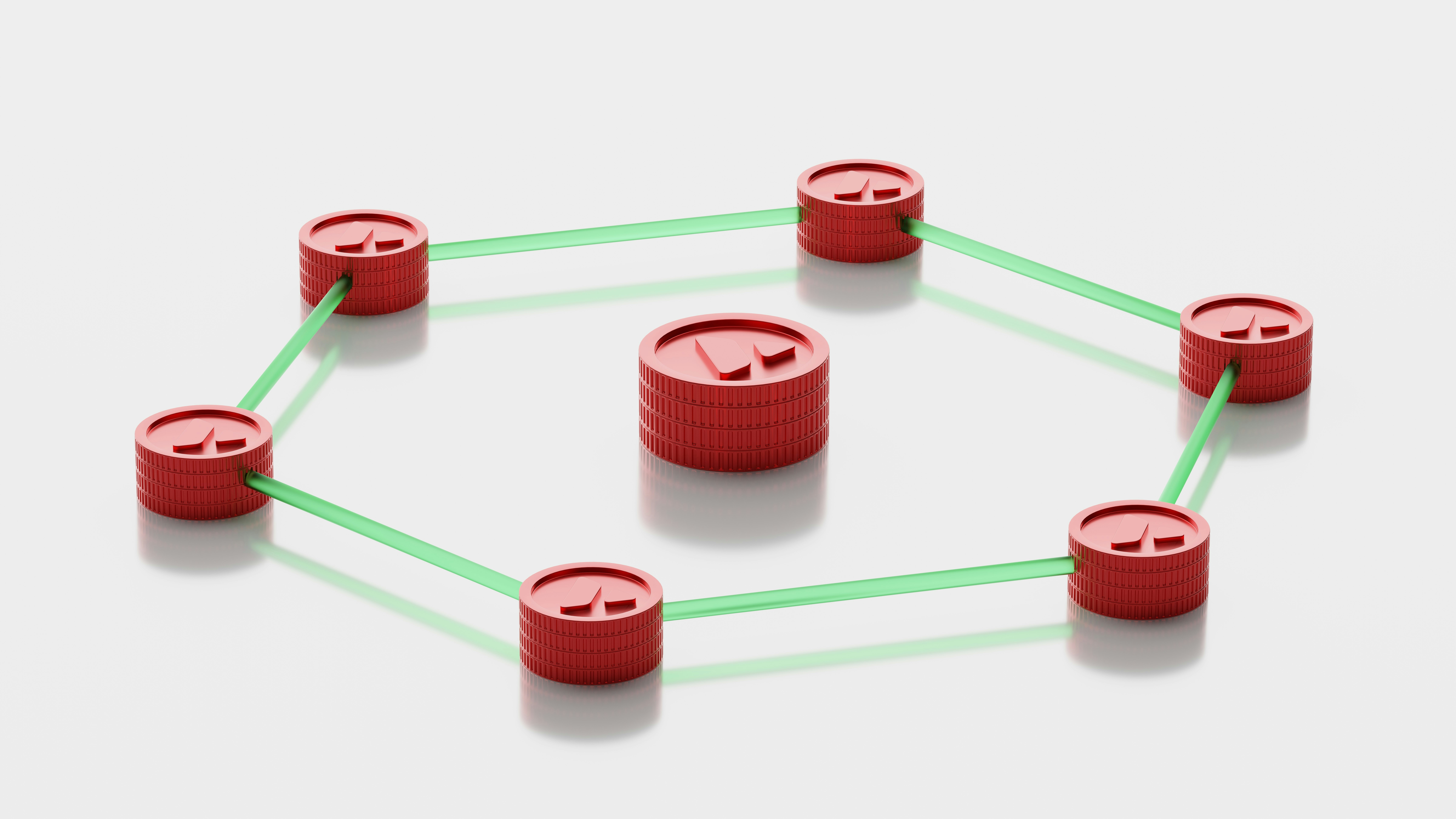 3D red circular tokens connected by green glowing lines, forming a hexagonal network around a central token.