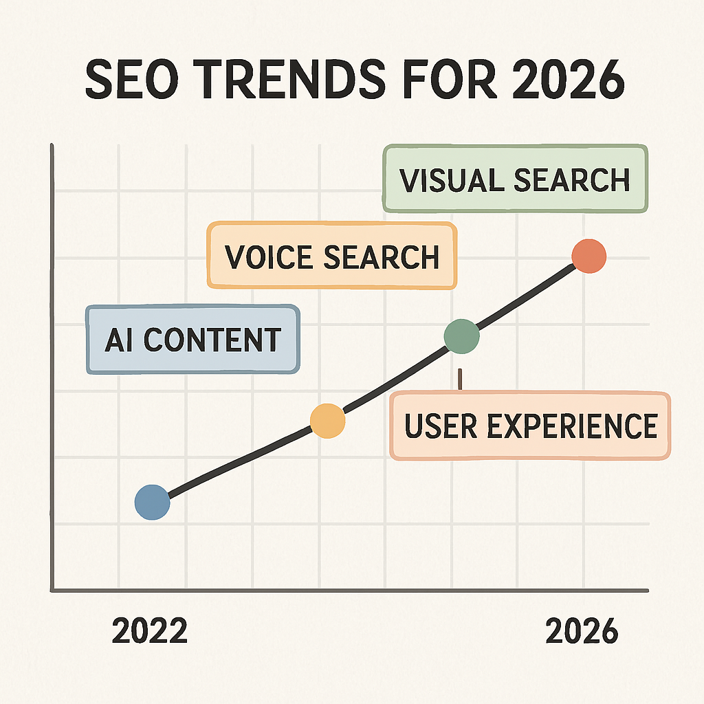A line graph showing rising SEO trends from 2022 to 2026, highlighting AI content, voice search, user experience, and visual search.