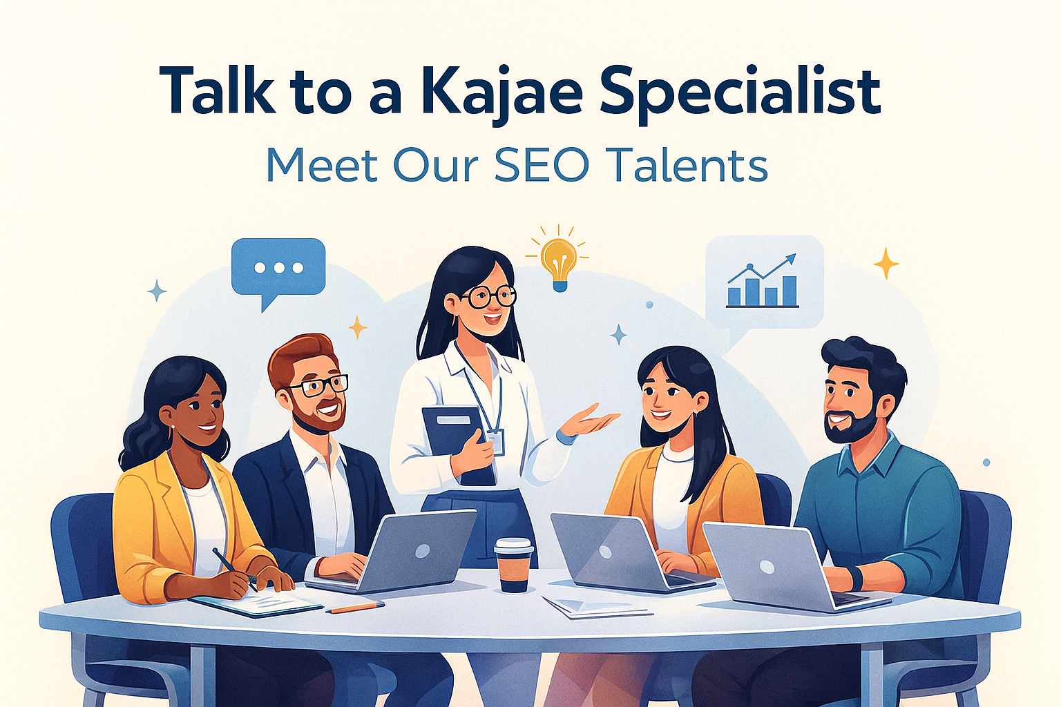 Illustration of Kajae SEO specialists collaborating at a table with laptops, guided by a team leader, representing expert SEO support and strategic insights.
